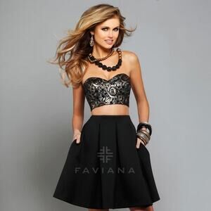 Faviana 7659 Two Piece Prom Dress Skirt Crop Corset Set Black Gold Sequin size 6